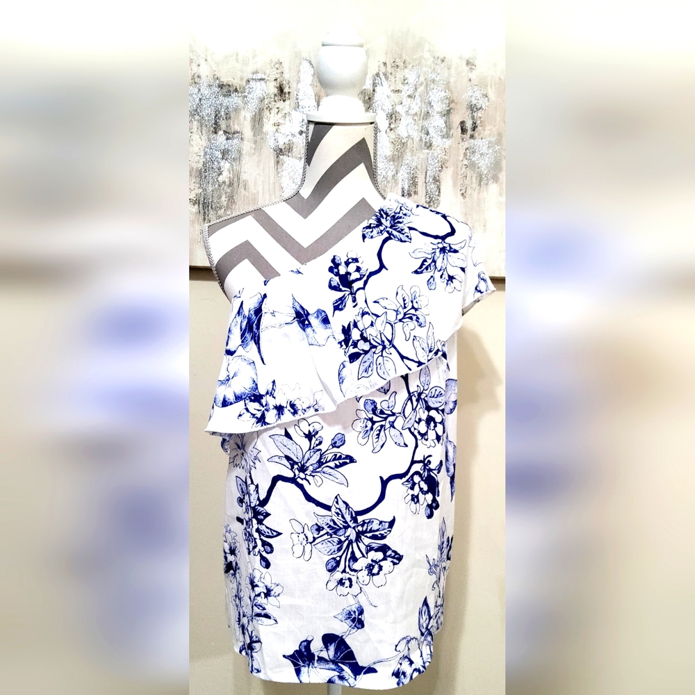 Bibi Asymmetrical Blue and White Ruffled Blouse